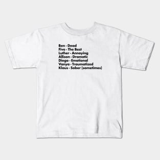 Umbrella Academy Characters Funny Descriptors - Black Kids T-Shirt